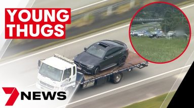 Young thugs sit on roof of stolen car during police chase from Cleveland to Cudgera Creek | 7NEWS