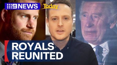 King Charles and Prince Harry reunite after cancer diagnosis | 9 News Australia